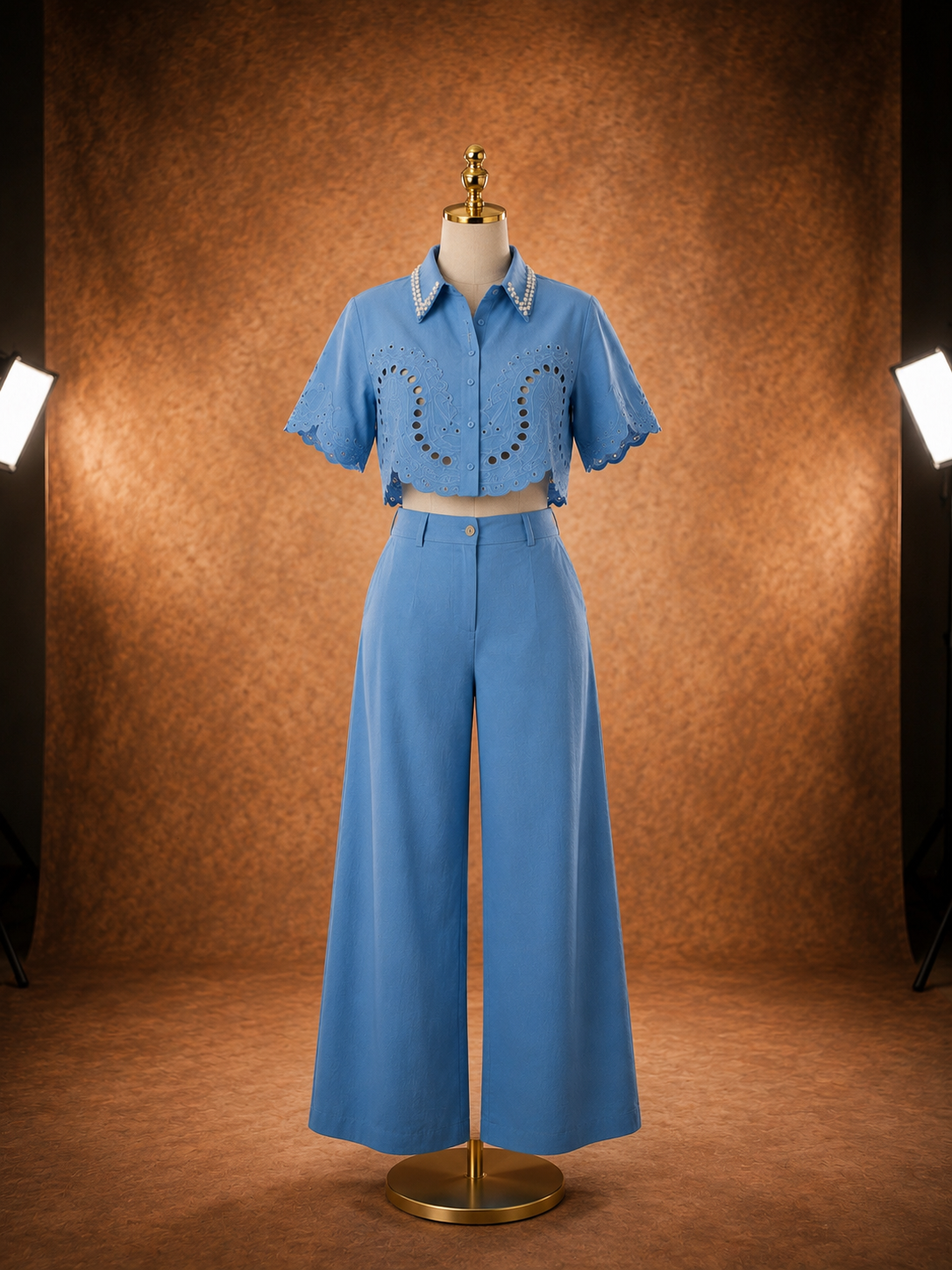 Crystal Blue Crop Top & Wide Leg Pants Set