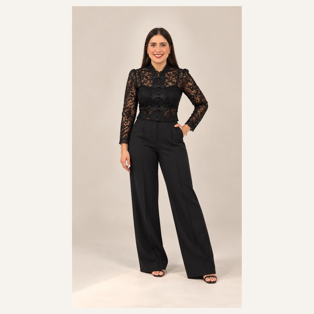 Blusa Napoleón de Encaje Negra con Detalles Florales