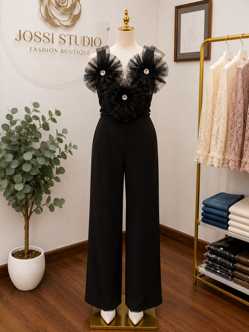 Lorelei Jumpsuit – Elegant Black Floral Shoulder Jumpsuit