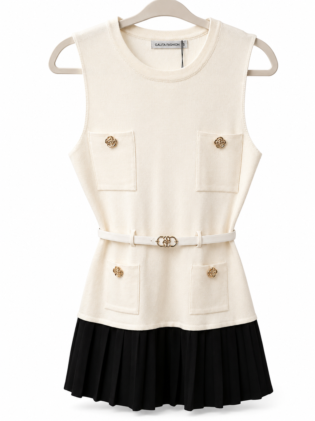 Grace Beige & Black Pleated Mini Dress