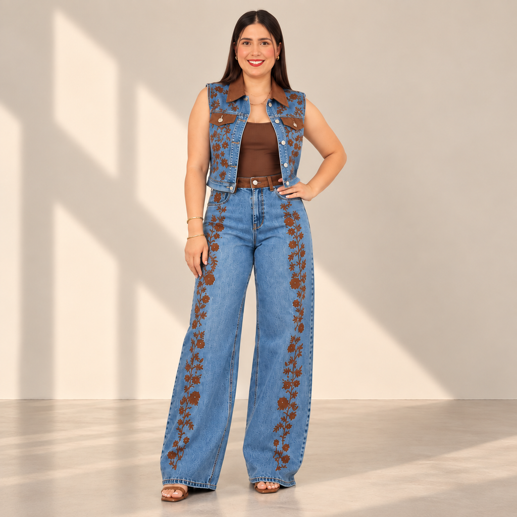 Set de Jean Azul con Bordados Florales Marrones – Jossi Studio LLC