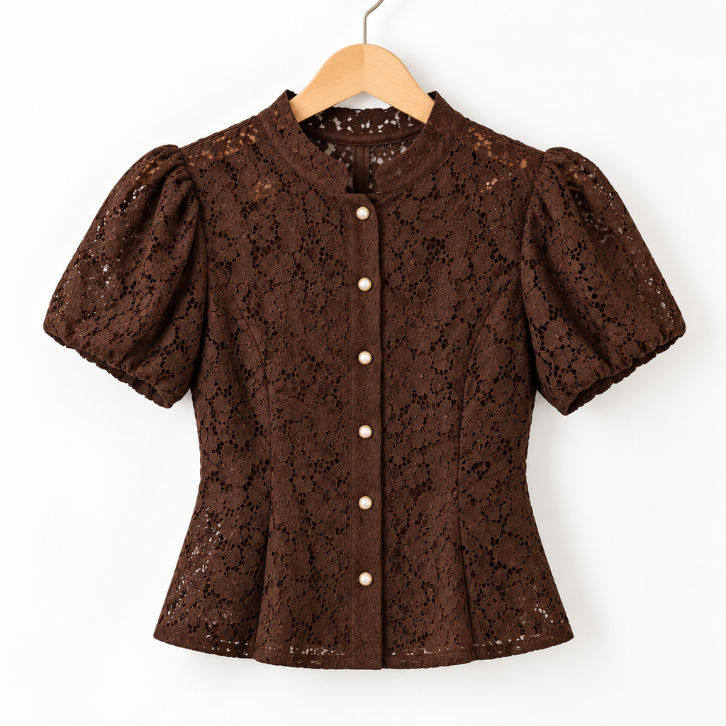 Blusa de Encaje Marrón con Mangas Abullonadas