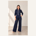 Conjunto de Encaje con Rayas Laterales – Azul Marino
