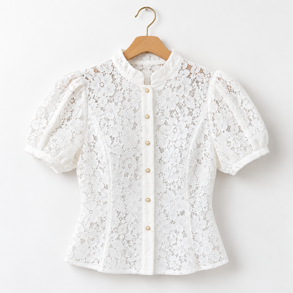 Blusa Blanca de Encaje Floral con Mangas Abullonadas
