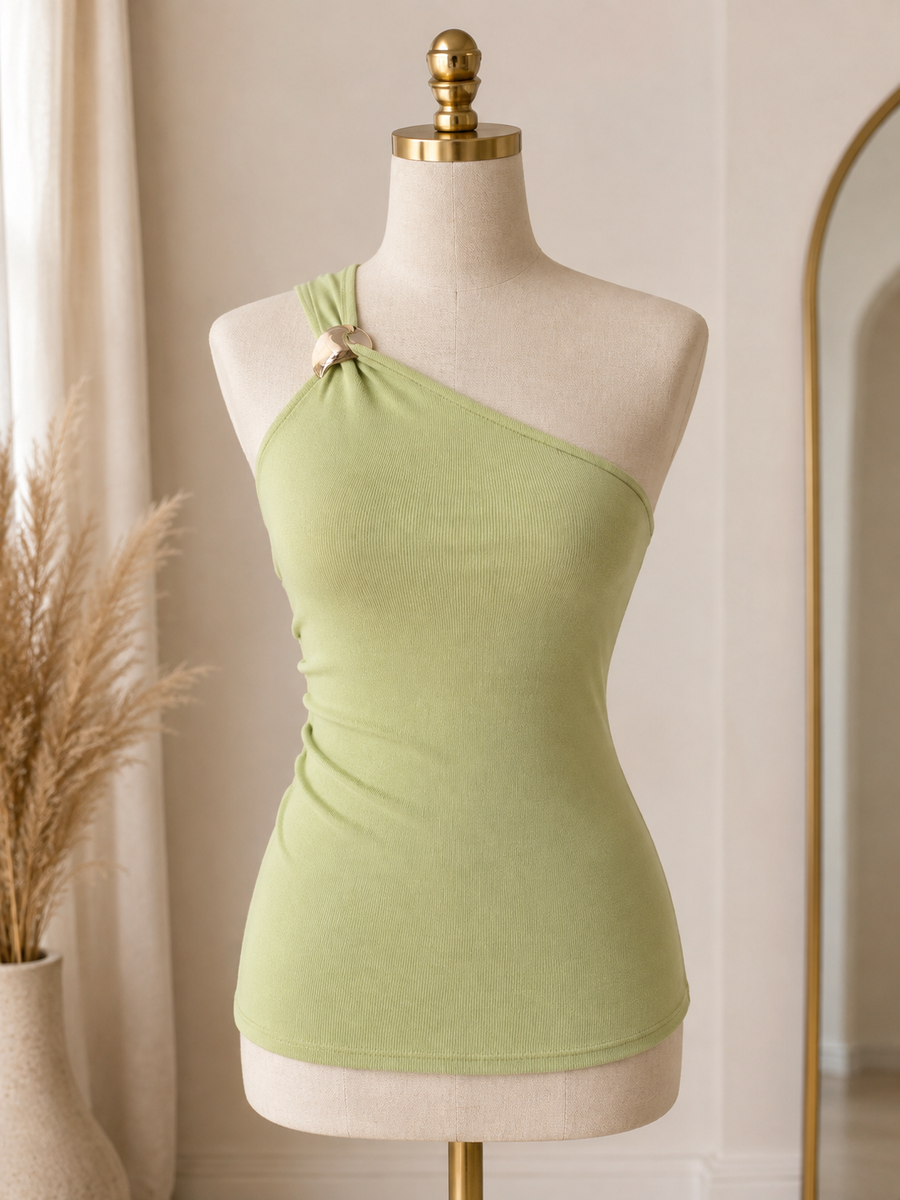 Pistachio One Shoulder Ribbed Top