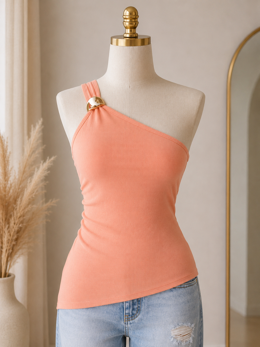 Coral One Shoulder Ribbed Top