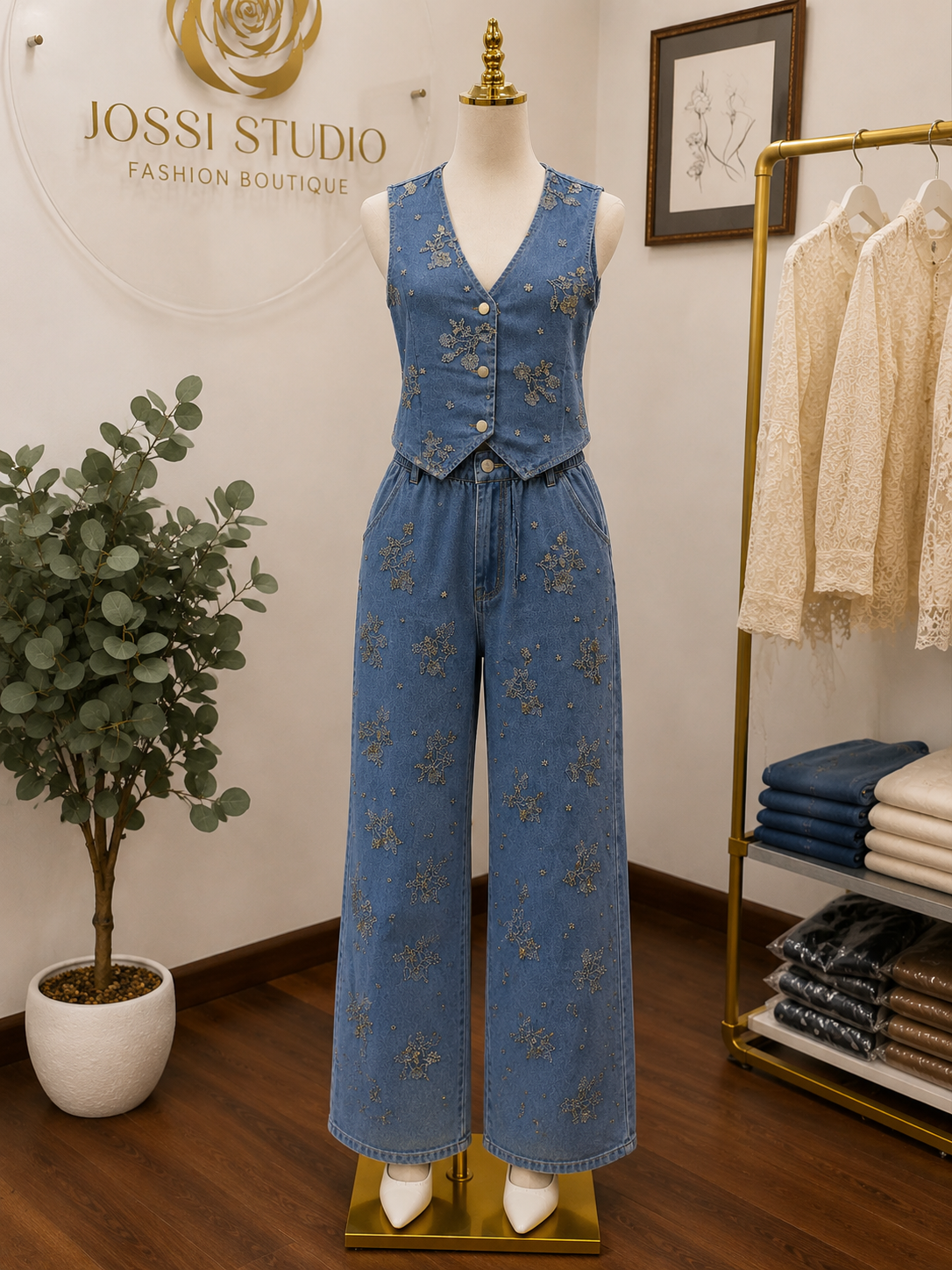 Dakota Denim Vest & Wide Leg Pants Set