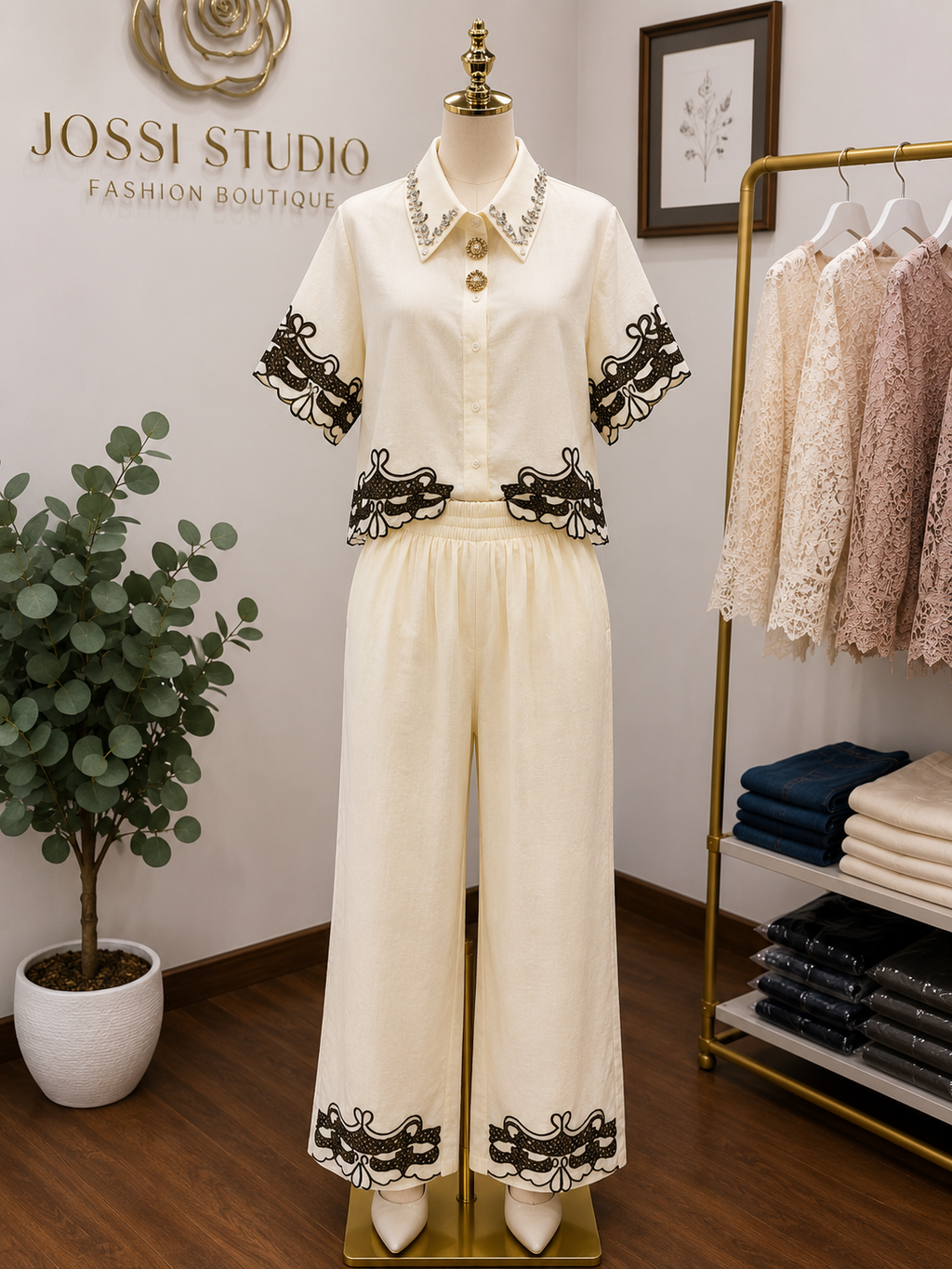 Ivory Brezze Set – Elegant Ivory Two-Piece Wide-Leg Pants Set