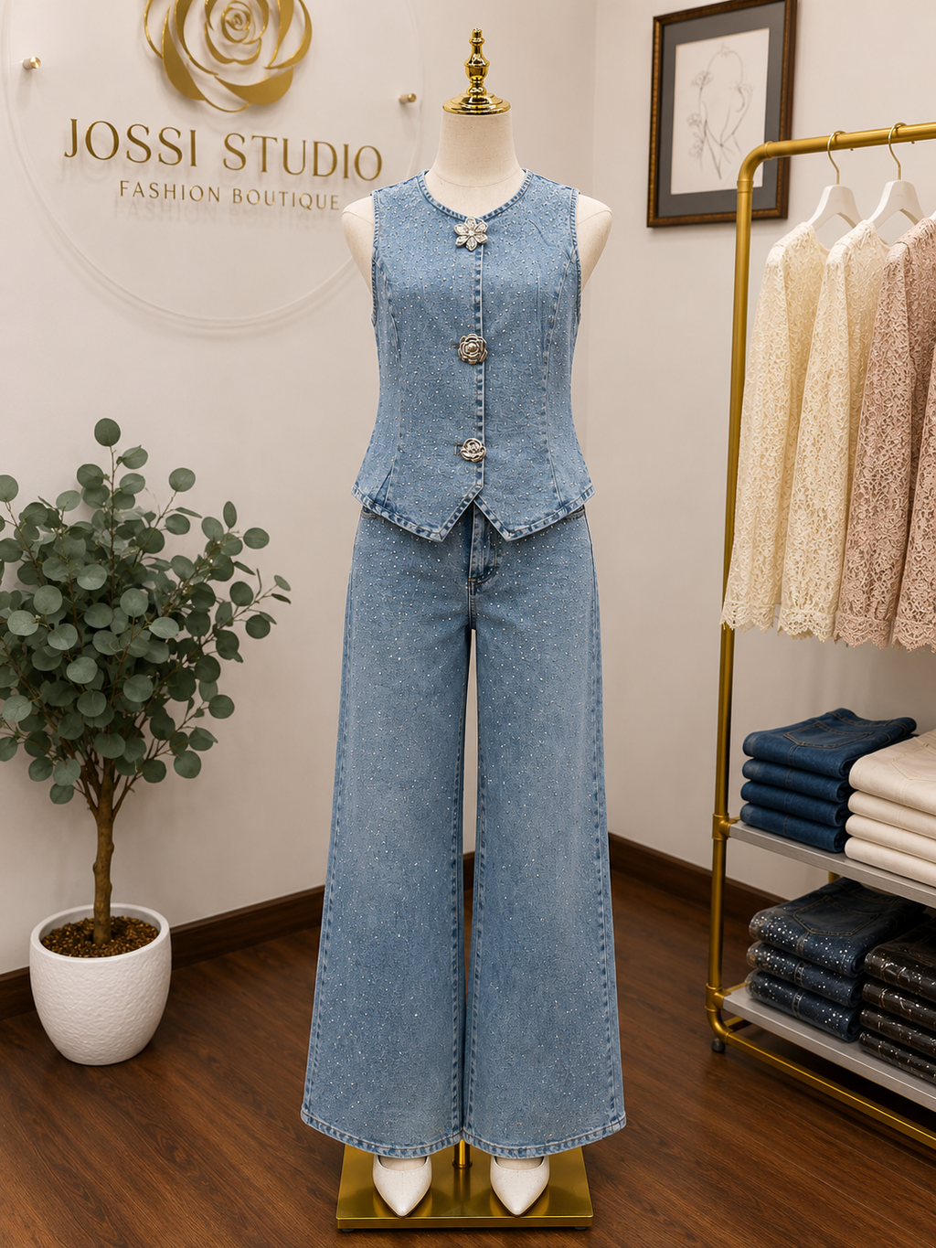 Avery Set – Denim Two-Piece Vest & Wide-Leg Pants Set