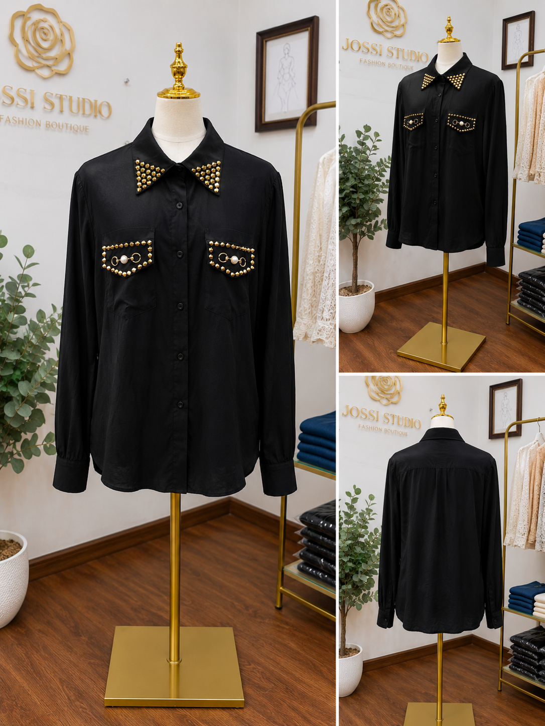 Monaco Pearl Detail Blouse – Elegant Black Long Sleeve Blouse