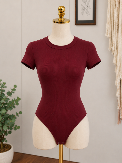 Burgundy Fitted Short Sleeve Bodysuit