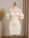 Valentina Beige Off-Shoulder Mini Dress