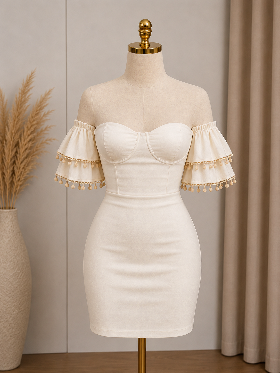 Valentina Beige Off-Shoulder Mini Dress
