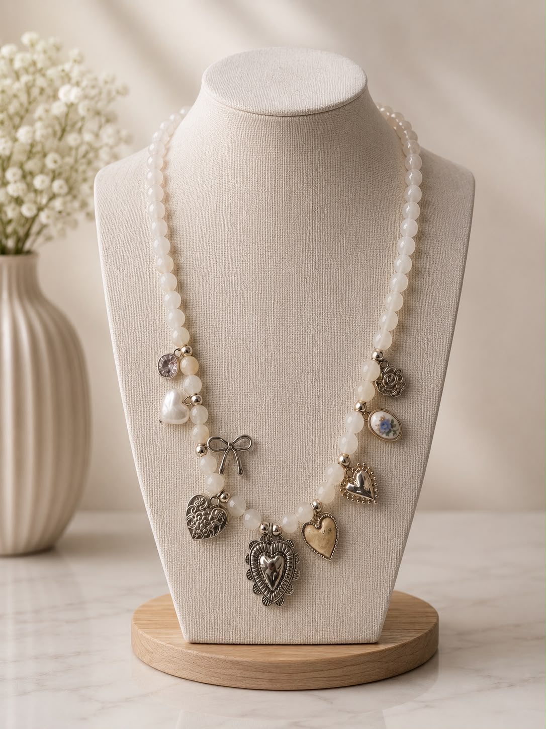 Amor Puro – White Beaded Charm Necklace for Women